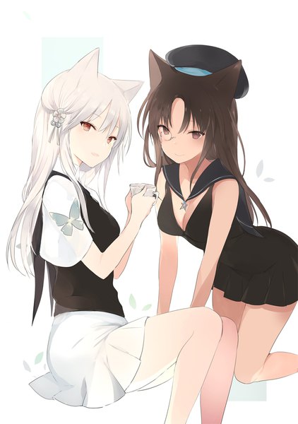 Anime picture 734x1044 with original lpip long hair tall image looking at viewer blush fringe breasts open mouth simple background smile hair between eyes brown hair white background multiple girls holding brown eyes animal ears payot cleavage