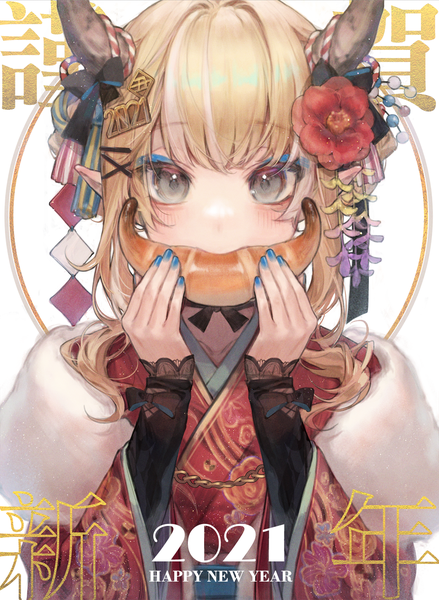 Anime picture 1000x1368 with original roku (black1042393) single long hair tall image looking at viewer blonde hair upper body nail polish traditional clothes japanese clothes horn (horns) grey eyes eyeshadow covered mouth new year blue nail polish happy new year 2021 nengajou