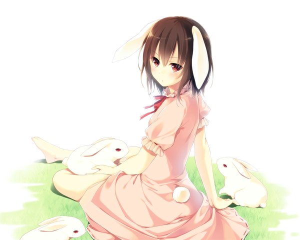 Anime picture 1000x800 with touhou inaba tewi inaba toosaka asagi blush short hair black hair red eyes sitting bunny ears girl dress bunny