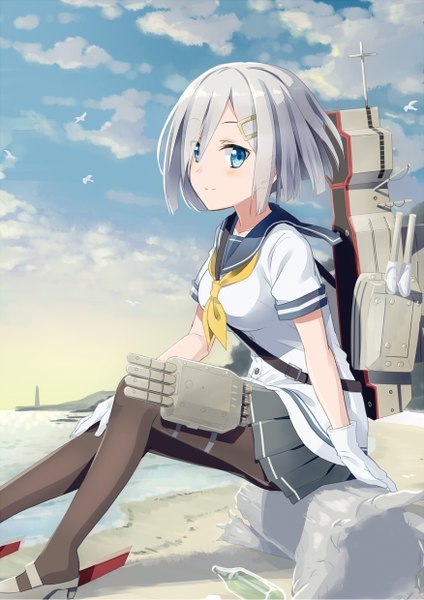 Anime-Bild 876x1239 mit kantai collection hamakaze destroyer gotyou ayuyanaka no hito single tall image looking at viewer blush fringe short hair blue eyes sitting silver hair pleated skirt hair over one eye beach girl skirt gloves hair ornament