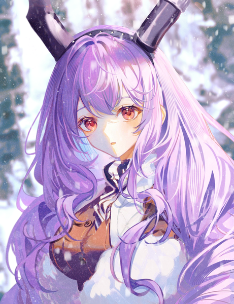 Anime picture 960x1250 with arknights typhon (arknights) lium single long hair tall image looking at viewer fringe hair between eyes red eyes purple hair upper body horn (horns) girl