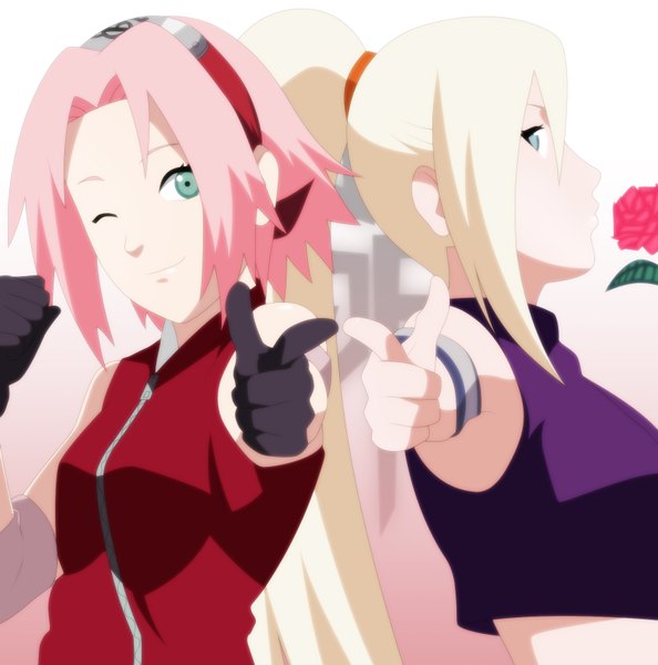 Anime picture 1692x1710 with naruto studio pierrot naruto (series) haruno sakura yamanaka ino stikyfinkaz-003 long hair tall image looking at viewer short hair blonde hair multiple girls green eyes pink hair ponytail very long hair one eye closed wink back to back pointing