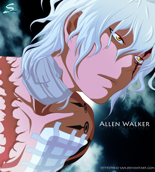 Anime picture 1811x2000 with d.gray-man allen walker neee-san single tall image highres short hair yellow eyes sky cloud (clouds) white hair sunlight inscription tattoo coloring portrait scar face muscle face paint