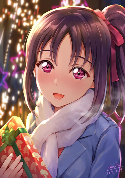Anime picture 1274x1812 with love live! sunshine!! sunrise (studio) love live! kazuno sarah shamakho single long hair tall image looking at viewer open mouth signed purple hair outdoors :d pink eyes side ponytail dated christmas food print girl