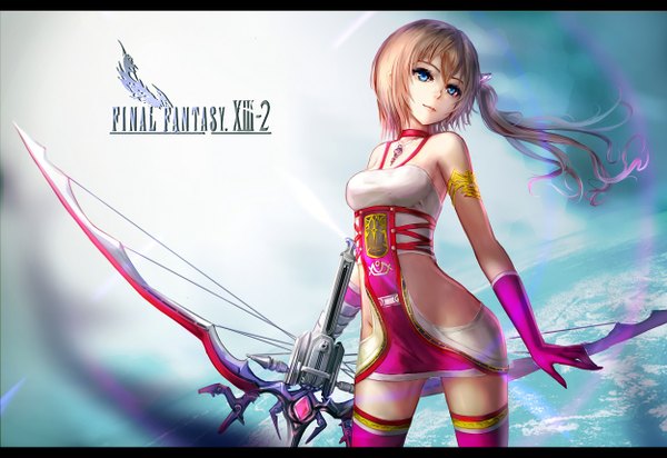 Anime picture 1250x860 with final fantasy final fantasy xiii final fantasy xiii-2 square enix serah farron wangchuan de quanyan single long hair blush blue eyes light erotic smile bare shoulders pink hair ponytail lips side ponytail letterboxed girl thighhighs