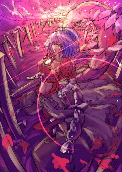 Anime picture 1061x1500 with touhou yasaka kanako saburou (hgmg) single tall image fringe short hair breasts red eyes standing looking away purple hair bare belly girl clothes