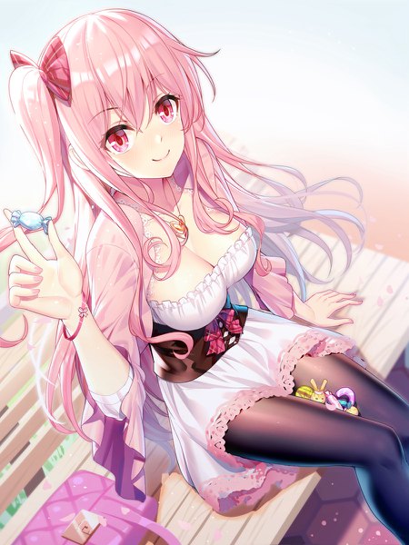 Anime picture 900x1200 with original emily stock ririko (zhuoyandesailaer) single long hair tall image looking at viewer blush fringe breasts light erotic smile hair between eyes large breasts sitting holding payot pink hair cleavage nail polish