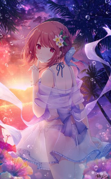 Anime picture 600x969 with original azu torako single tall image looking at viewer blush fringe short hair light erotic smile hair between eyes red eyes standing bare shoulders signed payot sky cloud (clouds) red hair braid (braids)