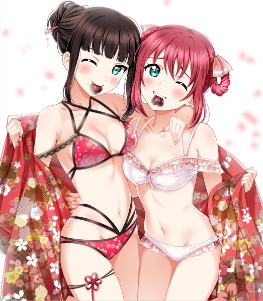 Anime picture 1046x1200 with love live! sunshine!! sunrise (studio) love live! kurosawa ruby kurosawa dia rozen5 tall image looking at viewer blush fringe short hair breasts light erotic simple background smile hair between eyes brown hair standing white background bare shoulders