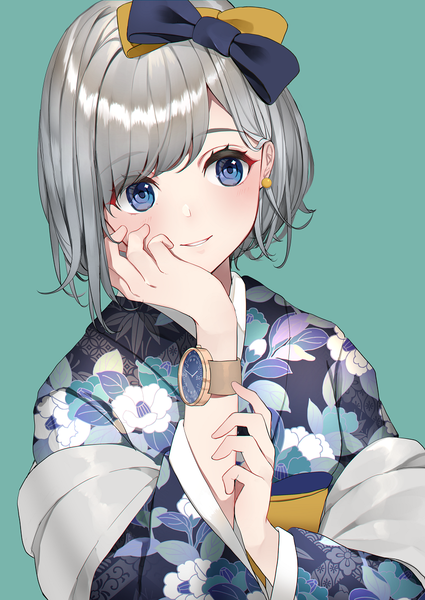 Anime picture 869x1228 with original usamochi. single tall image blush short hair blue eyes simple background smile silver hair upper body traditional clothes japanese clothes floral print portrait hand on cheek aqua background girl bow hair bow