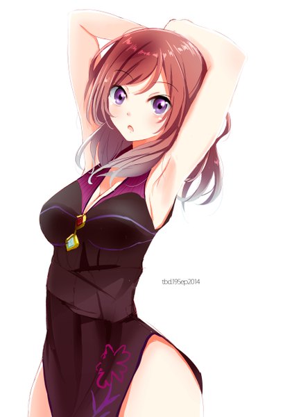 Anime picture 1770x2600 with love live! school idol project sunrise (studio) love live! nishikino maki tebi (tbd11) single tall image looking at viewer highres short hair breasts open mouth light erotic simple background white background purple eyes signed cleavage red hair armpit (armpits)