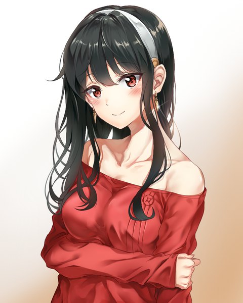 Anime-Bild 800x1000 mit spy x family yor briar sayuuiede single long hair tall image blush fringe black hair simple background smile hair between eyes red eyes looking away upper body sparkle gradient background holding arm girl earrings