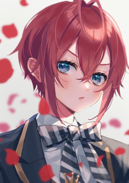 Anime picture 1450x2048 with twisted wonderland riddle rosehearts shinotarou (nagunaguex) single tall image looking at viewer blush fringe short hair blue eyes hair between eyes upper body ahoge red hair :o boy uniform petals bowtie