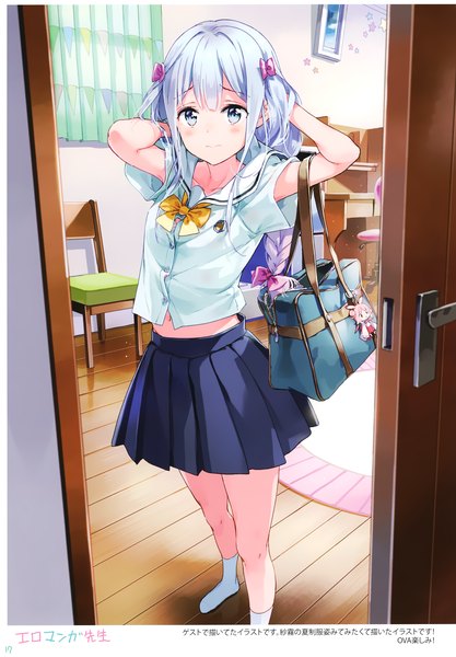 Anime picture 2440x3513 with eromanga sensei a-1 pictures izumi sagiri tiv single long hair tall image looking at viewer blush fringe highres blue eyes silver hair indoors braid (braids) pleated skirt scan short sleeves embarrassed no shoes