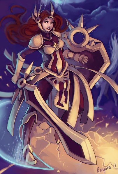 Anime picture 800x1185 with league of legends leona (league of legends) ragora57 (artist) single long hair tall image signed red hair orange eyes girl gloves hair ornament weapon sword armor shield