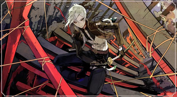 Anime picture 900x496 with touken ranbu nitroplus hizamaru (touken ranbu) mo (mocopo) single short hair wide image brown eyes silver hair full body from above border squat fighting stance unsheathing boy gloves weapon sword black gloves