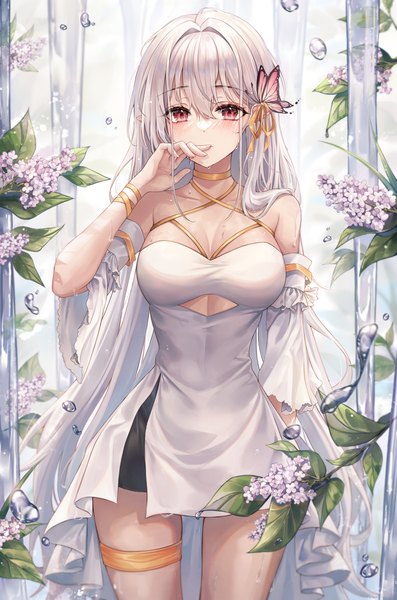 Anime picture 2217x3350 with original pippin sol single long hair tall image looking at viewer blush fringe highres breasts light erotic hair between eyes red eyes large breasts standing bare shoulders white hair wide sleeves wet hand to mouth