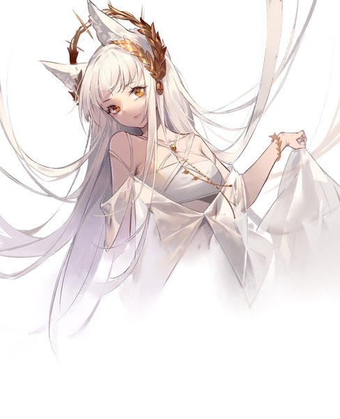 Anime picture 1240x1525 with arknights platinum (arknights) platinum (shimmering dew) (arknights) woodylixx single tall image simple background white background animal ears yellow eyes silver hair upper body very long hair head tilt official alternate costume girl
