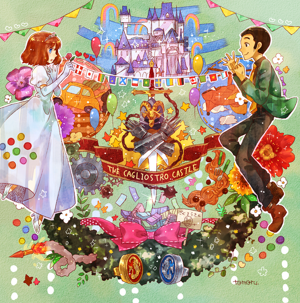 Anime picture 1173x1185 with lupin iii lupin iii: the castle of cagliostro arsene lupin iii clarisse d' cagliostro tamaru (pixiv) tall image short hair blue eyes smile brown hair brown eyes profile girl dress boy gloves flower (flowers) bow plant (plants) sword