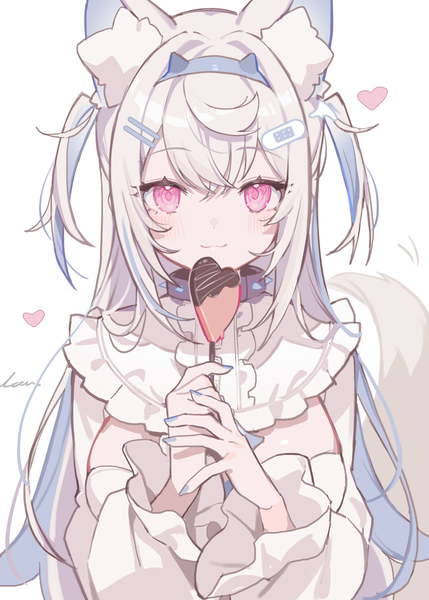 Anime picture 1248x1744 with virtual youtuber hololive hololive english fuwawa abyssgard fuwawa abyssgard (1st costume) ikomochi single long hair tall image looking at viewer light erotic animal ears upper body white hair tail nail polish animal tail pink eyes two side up valentine