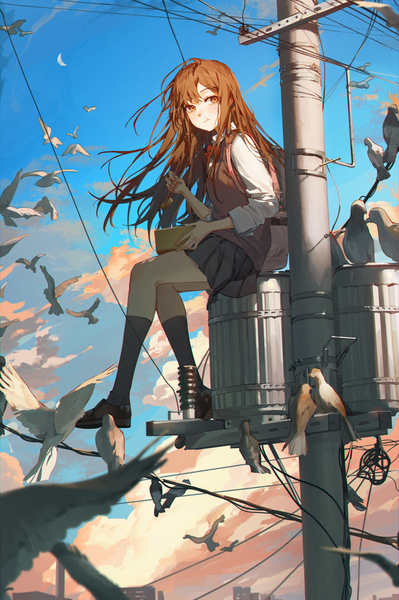 Anime picture 1500x2253 with original kellymonica02 single long hair tall image fringe brown hair sitting holding brown eyes looking away sky cloud (clouds) full body bent knee (knees) outdoors eating girl skirt uniform