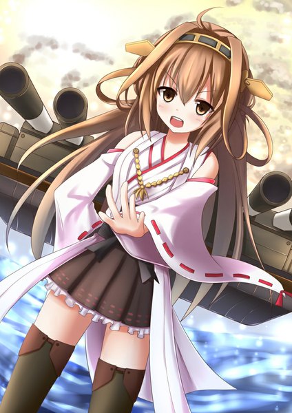 Anime picture 707x1000 with kantai collection kongou battleship suzuame yatsumi single long hair tall image looking at viewer fringe open mouth brown hair bare shoulders brown eyes ahoge traditional clothes :d japanese clothes pleated skirt dutch angle hand on hip outstretched arm