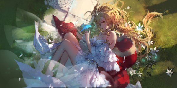 Anime picture 2126x1063 with original swd3e2 single long hair highres blonde hair wide image bare shoulders yellow eyes looking away from above girl dress flower (flowers) detached sleeves animal petals choker white dress bird (birds)