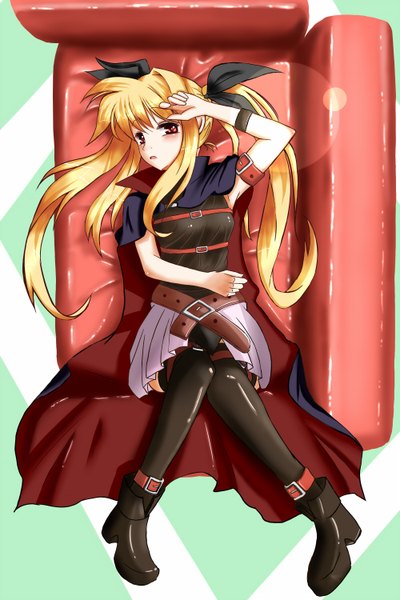 Anime picture 1000x1500 with mahou shoujo lyrical nanoha strikers fate testarossa higashi mikuni single long hair tall image looking at viewer blush blonde hair red eyes lying girl thighhighs skirt black thighhighs boots belt cloak couch