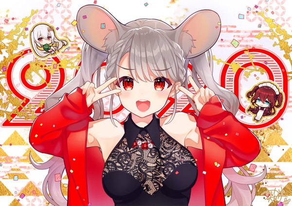 Anime picture 1300x919 with original okanoyuno long hair looking at viewer blush open mouth red eyes twintails bare shoulders multiple girls animal ears grey hair teeth victory chibi new year 2020 mouse ears girl 3 girls