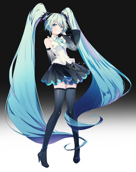 Anime picture 1000x1265 with vocaloid hatsune miku hatsune miku (nt) rarumi single tall image looking at viewer simple background twintails full body very long hair aqua eyes aqua hair high heels gradient background girl thighhighs skirt black thighhighs detached sleeves