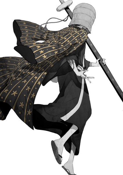 Anime picture 2039x2894 with one piece toei animation trafalgar law kieshi heta single tall image highres simple background white background full body traditional clothes japanese clothes tattoo monochrome clothes on shoulders sheathed spot color boy weapon sword