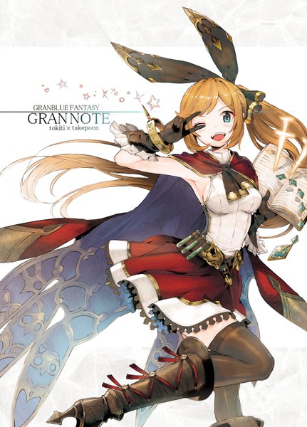 Anime picture 1000x1390 with granblue fantasy clarisse (granblue fantasy) yumeko (tokiti) single long hair tall image looking at viewer blush fringe breasts open mouth blue eyes blonde hair standing one eye closed wink teeth copyright name side ponytail victory