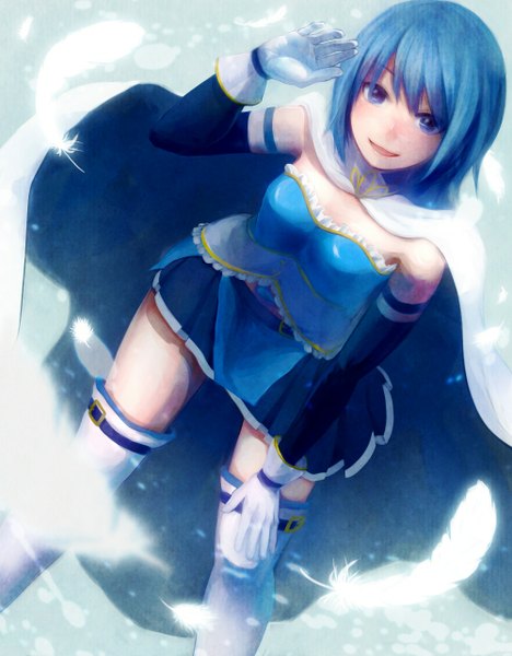 Anime picture 1000x1280 with mahou shoujo madoka magica shaft (studio) miki sayaka budouya single tall image looking at viewer blush short hair blue eyes smile blue hair magical girl girl thighhighs skirt gloves detached sleeves miniskirt white thighhighs