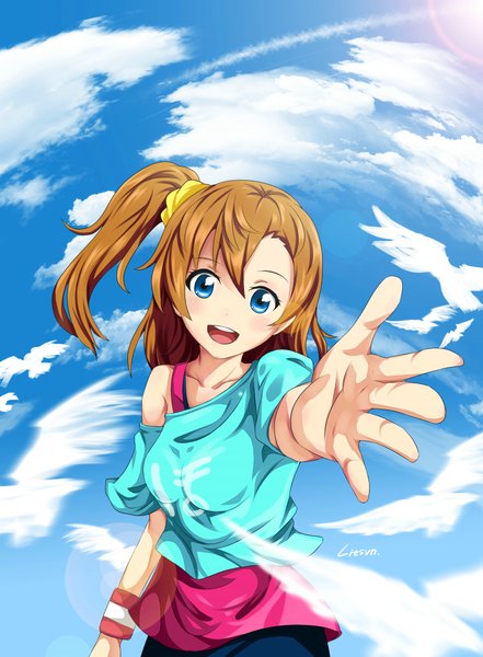 Anime picture 3273x4450 with love live! school idol project sunrise (studio) love live! kousaka honoka litsvn single tall image looking at viewer blush highres short hair open mouth blue eyes smile brown hair bare shoulders absurdres sky cloud (clouds) sunlight