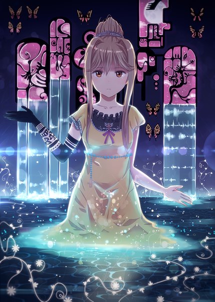 Anime picture 715x1000 with idolmaster idolmaster million live! shimashima single long hair tall image looking at viewer brown hair brown eyes girl dress gloves black gloves water elbow gloves insect butterfly