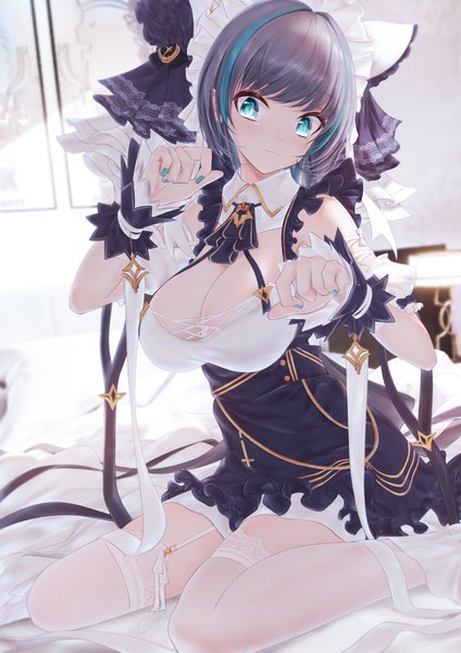 Anime picture 2894x4093 with azur lane cheshire (azur lane) bae.c single tall image looking at viewer blush fringe highres short hair breasts light erotic black hair large breasts sitting indoors nail polish head tilt multicolored hair aqua eyes