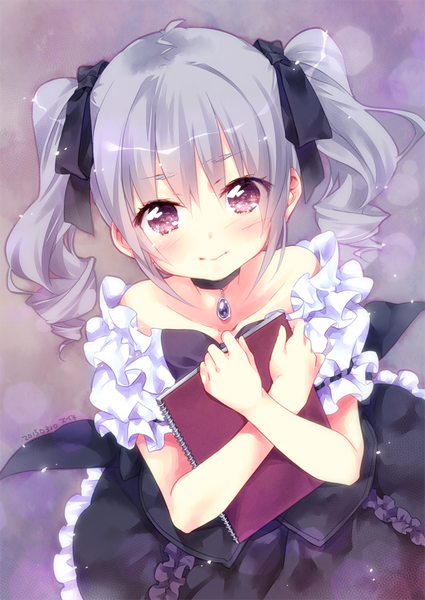 Anime picture 627x885 with idolmaster idolmaster cinderella girls kanzaki ranko ech single long hair tall image looking at viewer blush fringe purple eyes twintails bare shoulders holding signed from above grey hair short sleeves embarrassed hug