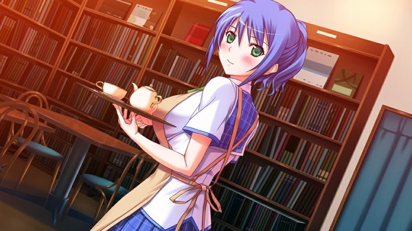 Anime picture 1024x576 with primary step blush short hair wide image green eyes blue hair game cg girl book (books) apron