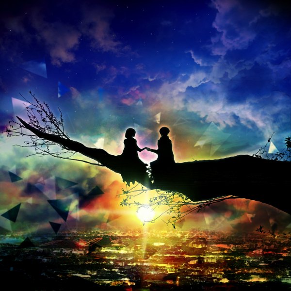 イラスト 1300x1300 と オリジナル ハラダミユキ 短い髪 座る 空 cloud (clouds) couple silhouette 女の子 男性 星 枝 太陽