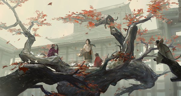 Anime picture 2000x1061 with sekiro: shadows die twice from software divine child of rejuvenation seeing monkey hearing monkey speaking monkey huanxiang heitu long hair highres black hair wide image standing sky outdoors traditional clothes japanese clothes scenic architecture east asian architecture girl