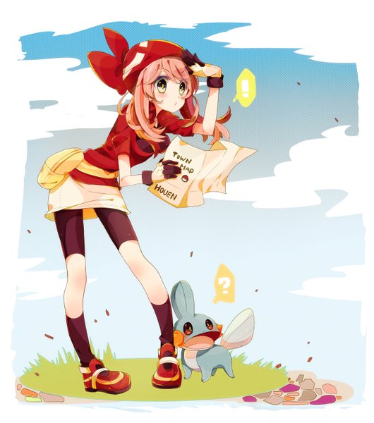 Anime picture 1150x1300 with pokemon pokemon rse nintendo may (pokemon) mudkip nicole (usako) long hair tall image blush green eyes pink hair sky cloud (clouds) ? ! gen 3 pokemon girl gloves animal socks