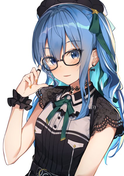 Anime picture 1500x2117 with virtual youtuber hololive hoshimachi suisei hoshimachi suisei (3rd costume) isaya (pixiv4541633) single long hair tall image blush fringe blue eyes hair between eyes blue hair upper body nail polish multicolored hair one side up official alternate costume colored inner hair wrist scrunchie