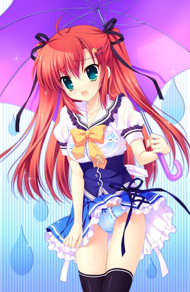Anime picture 1560x2390 with yuyukana takasaki honoka mitha single long hair tall image open mouth light erotic green eyes ahoge red hair wind two side up wind lift girl thighhighs skirt uniform hair ornament underwear