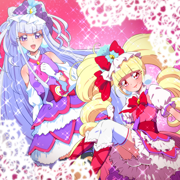 Anime picture 900x900 with precure hugtto! precure toei animation ruru amour aisaki emiru cure amour cure macherie tj-type1 long hair looking at viewer blush fringe open mouth blonde hair smile red eyes standing sitting purple eyes twintails