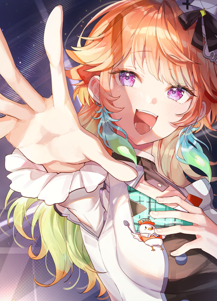 Anime picture 2891x4000 with virtual youtuber hololive hololive english takanashi kiara misyune single long hair tall image highres open mouth purple eyes looking away upper body :d orange hair gradient hair shaded face outstretched hand girl earrings