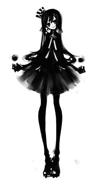 Anime picture 760x1353 with original kiku (kicdoc) single long hair tall image looking at viewer black hair simple background smile white background black eyes magic monochrome girl dress pantyhose boots crown