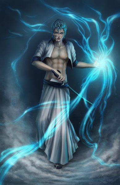 Anime picture 3180x4900 with bleach studio pierrot grimmjow jeagerjaques zetsuai89 single tall image highres short hair absurdres japanese clothes aqua eyes realistic aqua hair magic smoke muscle espada boy weapon sword