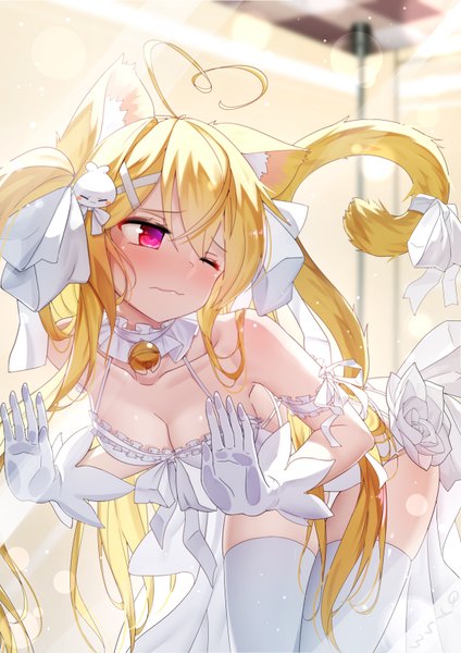 Anime picture 1202x1700 with niliu chahui tokisaki asaba qys3 single tall image blush fringe breasts light erotic blonde hair hair between eyes bare shoulders animal ears looking away cleavage ahoge tail very long hair animal tail one eye closed