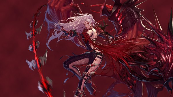 Anime picture 1920x1080 with dungeon and fighter gooooooooood long hair looking at viewer highres simple background smile red eyes wide image standing holding pink hair bent knee (knees) tail high heels standing on one leg spread arms bare back red background leg lift (legs lift)