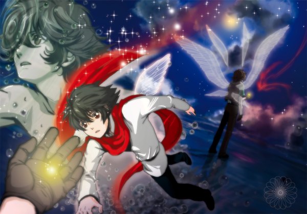 Anime picture 1551x1080 with mobile suit gundam mobile suit gundam 00 sunrise (studio) setsuna f seiei lockon stratos lyle dylandy haruno natsu (artist) short hair black hair brown hair standing cloud (clouds) from behind night light falling boy gloves wings scarf